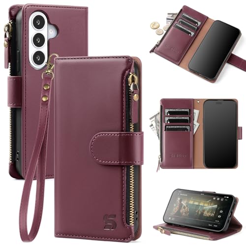 Shieldtop Compatible with Samsung Galaxy S26 Wallet Case with Card Holder Women Men RFID Blocking PU Leather Phone Case Flip Protective Cover Wrist Strap Zipper Credit Card Slots Wine Red
