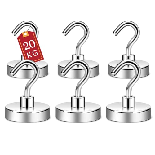 ATEWEITA Ganchos Magnéticos, Imanes Neodimio con Gancho Giratorio, 6 piezas Magnetic Hooks para refrigerador de cocina, techo, parrilla, pequeño Microondas (Plata, 25mm)