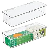 mDesign Plastic Stackable Box Home, Office Supplies Storage Organizer Box with Attached Hinged Lid - Holder for Note Pads, Gel Pens, Staples, Dry Erase Markers, Tape - 2 Pack - Clear