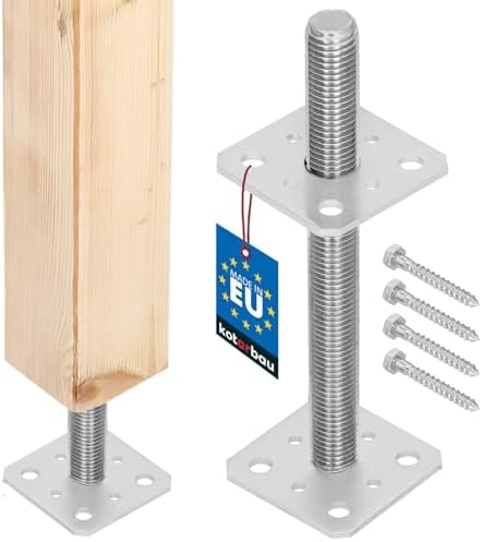 KOTARBAU® Pfostenträger höhenverstellbar 80x80 mm, Gewinde M24x250 mm | Balkenschuh zum Aufschrauben, Stützenfuß für Zaunpfosten & Holzbalken, verzinkter Stahl, Silber