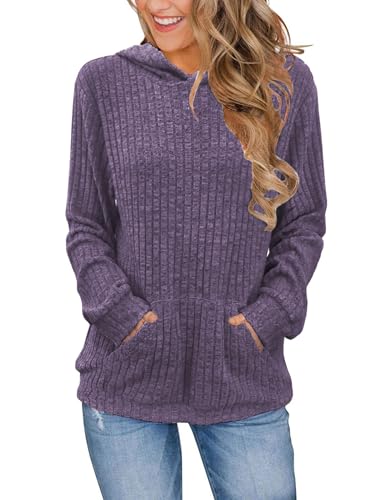 iChunhua Purple Hoodies for Women Uk Solid Color Long Sleeve Gym Tops Casual Slouchy Ladies Hooded Jumper With Pocket Purple M