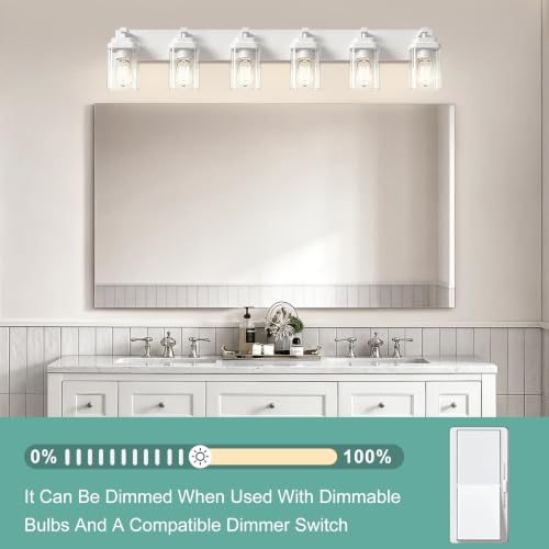 Image of White Bathroom Light Fixtures, 6 Lights Bathroom Lighting Fixtures Over Mirror, Square Design & Rectangle Large Backplate, Modern Vanity Lighting Fixtures, for Bathroom /Living Room /Bedroom
