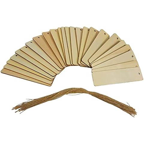 Wood Blank Bookmarks DIY Wooden Craft Bookmark Unfinished Wood Hanging Tags Rectangle Shape Blank Bookmark Ornaments with Holes and Ropes for Christmas DIY Wedding Birthday Party Decor (24) Cover
