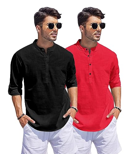 Image of Bellstone Men's Cotton Blend Straight Kurta Shirt Combo with Mandarin Collar - Slim Fit Casual Short Kurti Set Featuring Textured Slub Fabric and Roll-Up Full Sleeves
