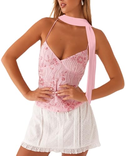 Y2k Sequin Scarf Cami Tops for Women Sexy V Neck Open Back Beaded Tank Flower Pearl Embellished Party Going Out Top