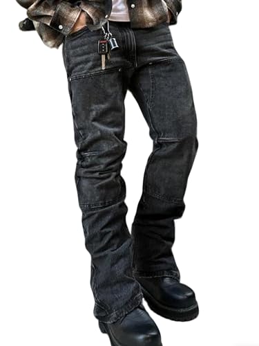 Tinscor Stacked Jeans Men Slim Fit Stretch Straight Leg Denim Cargo Pants Y2k Hip Hop Streetwear Trousers Black Large