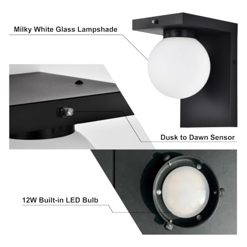 Image of Large LED Outdoor Wall Lights, Frosted Glass Globe Shade Outdoor Sconce, Black Exterior Light Fixtures with Dusk to Dawn Sensor, Waterproof 12W 3000K for Front Door, Garage, Patio, Porch, 1 Pack