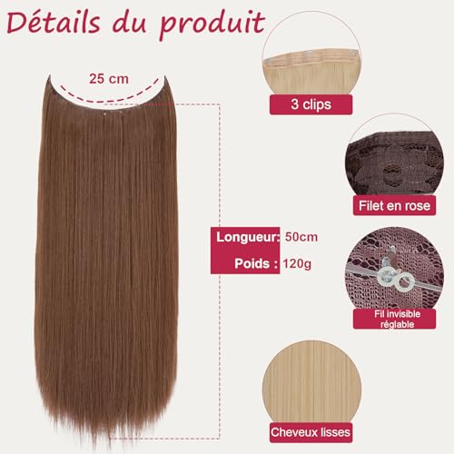 JJstar Extension de Cheveux Halo 50 cm avec Fil Invisible et 3 Clips, Cheveux Lisses, Postiche Synthétique Résistant à la Chaleur pour Femme, Volume et Longueur Naturels – vue 2