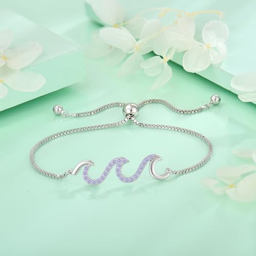 STARCHENIE 925 Sterling Silver Wave Bracelet for Women Adjustable Birthstone Bracelet Beach Ocean Jewelry3
