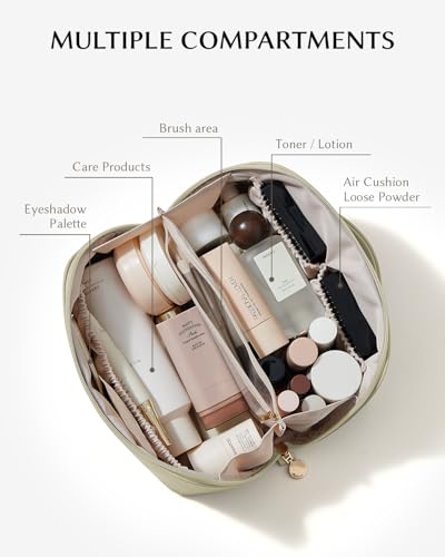 Image of EACHY Travel Makeup Bag, Large Capacity Cosmetic Bag for Women, Waterproof PU Leather, Flat Open Portable Toiletry Bag for Skincare, Brushes & Travel Essentials
