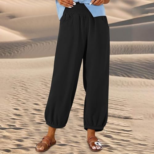 Linen Pants Women Smocked Elastic Waist Casual Summer Palazzo Pants Boho Baggy Wide Leg Trousers with Pockets3