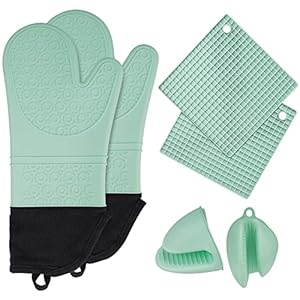 Aschef 6in1 Heat Resistant Silicone Oven Mitts + Pinch Grip Pot Holder +Trivet Kit, Non-Slip Textured Kitchen Gloves w/Soft Inner Lining & XL Hand-Safe Sleeve for Baking Cooking Grilling Barbecue