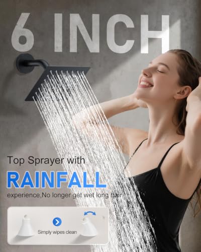 Image of Woindo 4 Function Shower Faucet Set 12 inch Rain Shower Head /6'' Side Shower Head and 3 Setting Handheld Ceiling Mount Push Button Diverter Complete Rainfall Round Shower System Included Valve Trim Kit