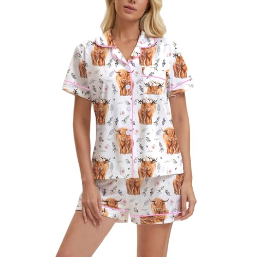 QIYEXING Womens Pajama Sets Button Down Short Sleeve Top and Shorts Lounge Set Pattern Print Two Piece Sleepwear Jammies Outfits (US Alpha Small Regular Regular Cows-1)