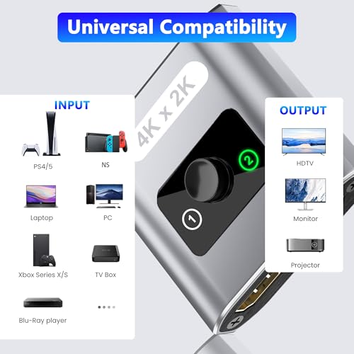 HDMI Switch Splitter 4K@60Hz, Aluminum Bi-Directional HDMI 2.0 Switcher, HDMI Splitter 1 in 2 Out/ 2 in 1 Out, Support 4K 3D HDR for Xbox, PS5/4/3, Fire Stick, Roku, HDTV, Projector, Computer (Gray)