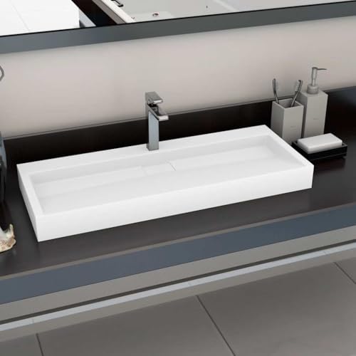 Fregadero de hierro mineral fundido, 120 x 46 x 11 cm, mármol blanco fundido, lavabo colgante de pared para baño y salas de maquillaje