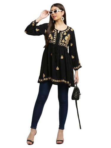 Image of FAWOMENT Women's Ethnic Modish Rayon Short Top with Fine Lucknow Chikankari Aari Embroiderey