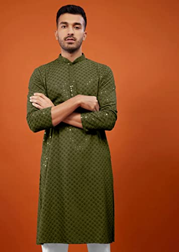 Image of Men's Rayon Blend Lucknowi Sequence Kurta Pyjama (Chickankari)