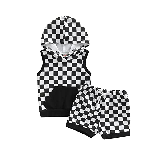 Image of BemeyourBBs Toddler Baby Boy Summer Outfit Hooded Top with Pocket and Elastic Waist Shorts Set Infant Boy Clothes