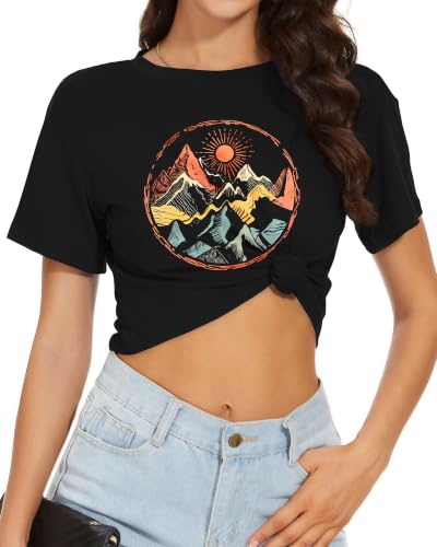 Image of Womens Summer Crop Tops Short Sleeve Round Neck T-Shirts Loose Fit Casual Blouse 2026