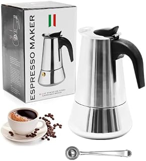Stovetop Coffee Makers, 300ml 6 Cup 430 Stainless Steel Italian Coffee Moka Pot Set with Coffee Clip Spoon, Spare Seals and Filter Plate Traditional Coffee Maker Pot for Outdoor, Home and Office.