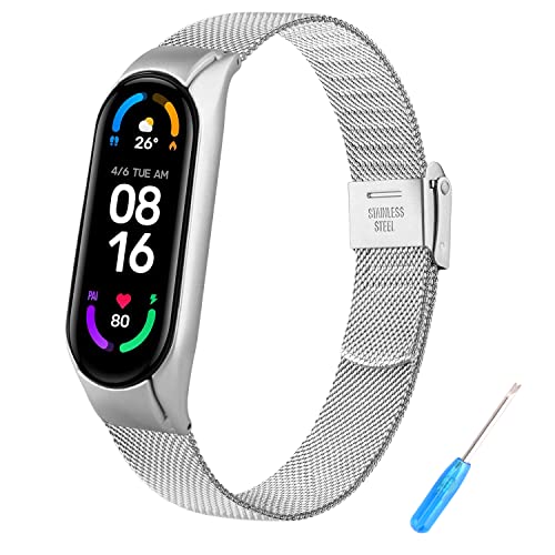 Tobfit Correa Compatible con Xiaomi Mi Band 6 / Xiaomi Mi Band 5, Pulsera de Acero Inoxidable de Metal Ajustable Mejorado (Plata)