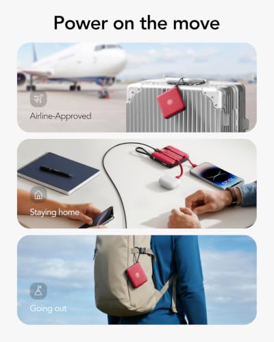 Image of VRURC 10000mAh Portable Charger Power Bank Built-in Cables | Travel Essentials,22.5W Fast Charging,LED Display,Slim,for iPhone 17 /16 /15 Series & Samsung Series,Battery Pack-Red