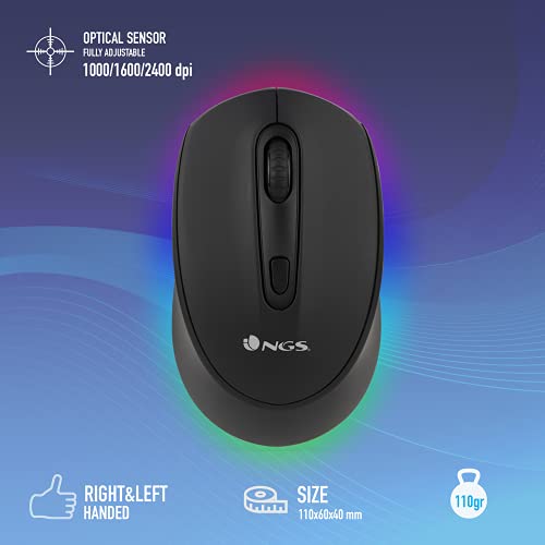 NGS SMOG-RB - Ładowalna, Bezprzewodowa Mysz do Wielu Urządzeń z Podświetleniem LED, Technologia Bluetooth 3.0/5.0, 2,4 Ghz, Zasięg 10 m, 50 Godzin Pracy na Baterii, Kolor Czarny
