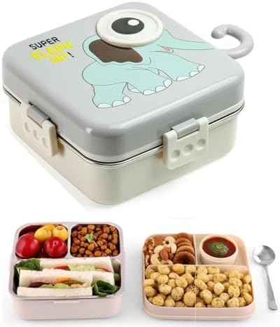 Brand Conquer Grey Kids Lunch Box – Stainless Steel Insulated Tiffin for School with Spoon, BPA-Free | Leak-Resistant Bento Box with Tray & Container | 800 ml (Grey, Super Elephant)
