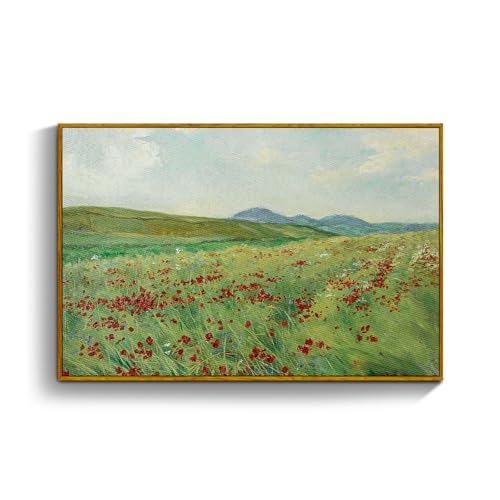 crmotu Framed Canvas Wall Art, Hillside Landscape Art Prints, Flower Field Vintage Decor Pictures, Nature Scenery Wall Paintings for Living Room Bedroom Bathroom Rustic Farmhouse Kitchen Decor 16x24in