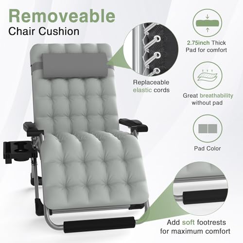 Slendor Oversized Padded Zero Gravity Chair XXL, 33inch Zero Gravity Recliner, Folding Reclining Lounge Chair,Indoor Outdoor Patio Chairs with Pillow, Cushion, Footrest,Cup Tray, Support 500lbs, Grey - Thumbnail 6