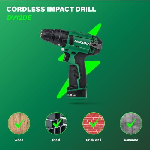 Image of HIKOKI DV12DE - Cordless Impact Driver Drill, 12V With 10mm Keyless Drill Chuck, 2 Speed Gear, 35 Nm Tightening Torque, Built-In Led Light, 1 Kg, 2 Batteries, Charger & Carry Case Included