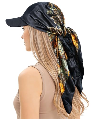 AWAYTR Womens Satin Head Scarf with Sun Visor Brim Hat Scarf with Visor Cap for Women One Piece Design (Paisley (Black))