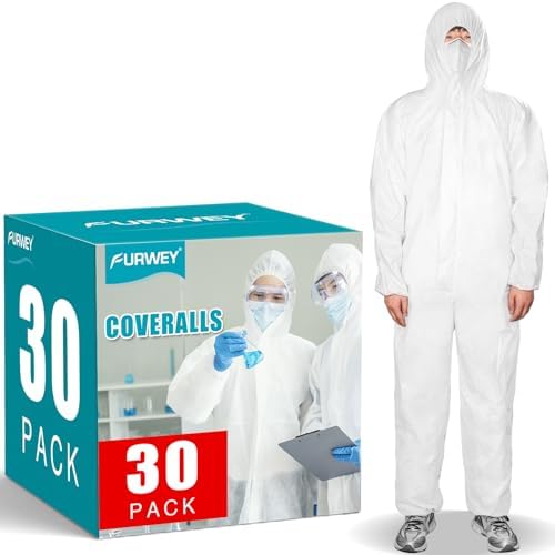 FURWEY Hazmat Suits,30Pack Disposable Coveralls,Heavy Duty Full Body-L