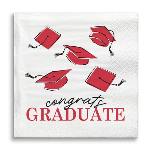 Big Dot of Happiness Red Graduation Napkins, Congrats Graduate Party Supplies, Vibrant Red Color Printing on White 3-Ply Paper Beverage Cocktail Party Napkins - 24 Count