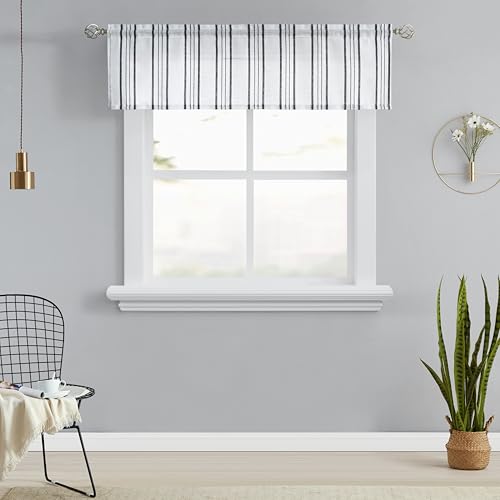 SXZJTEX Black and White Striped Kitchen Curtains Valance for Windows Bohemian Farmhouse Sheer Linen Curtains Rod Pocket Valance for Bedroom Bathroom Living Room, 55"x16", 1Piece