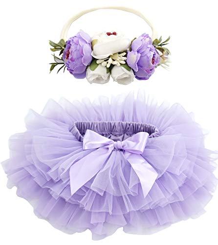 BGFKS Baby Girls Soft Fluffy Tutu Skirt with Diaper Cover,Toddler Girl Tutu Skirt Sets with Flower Headband Purple