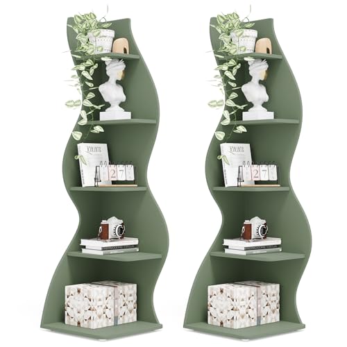 Image of Tribesigns Corner Shelf, Modern 5-Tier Wall Corner Bookshelf, Stylish Corner Small Bookcase Storage Rack Plant Stand with Unique Shape for Living Room, Home Office (Sage Green, 2PCS)