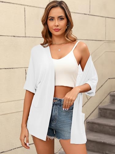 Image of Women's Lightweight Open Front Cardigans Short Sleeve Casual Soft Sheer Cardigan S-2XL with Pockets