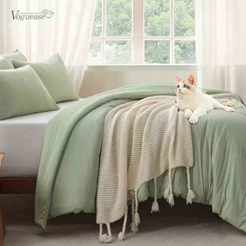 Image of Full Size Comforter Set, Comforters Full Size Luxury Ultra-Soft Jersey Knit Bedding Sets, Sage Green Lightweight Down Alternative Bed Comforter for All Season, 3 Piece Bedding Set