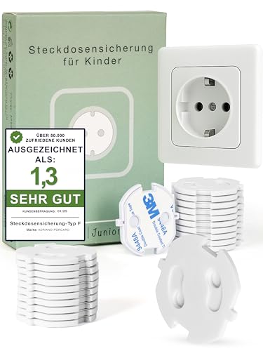 ADRIANO PORCARO® Steckdosen Kindersicherung 25er Set – Steckdosenschutz Kindersicherung selbstklebend mit Schlüssel – Kindersicherung Steckdose weiß für Baby Zubehör – EU Typ F