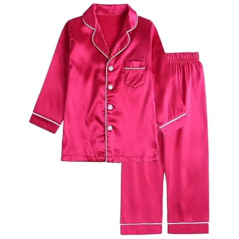 LANKMEI Girls 2 Pieces Silk Pajamas Set Long Sleeve Button-Up Top + Long Pants, Satin Pajama Sets for Kids, Rose, 11-12Y Cover