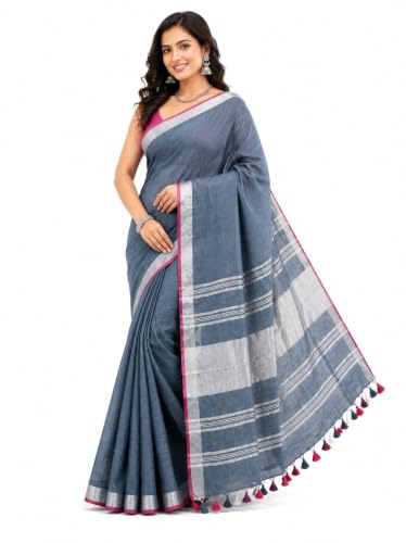 Image of HAIDER ALI AND SONS Grey Cotton Linen Saree for Women | Soft Linen Slub Blend Saree with Running Blouse Piece | Lightweight Handloom Style Saree | Office, Casual, Party & Festival Wear