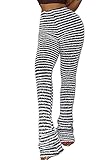 DINGANG Women Fuzzy Flare Stacked Pants, Zebra Black and White Striped High Waist Sweatpants, Knitte