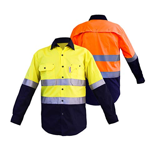 LANTERN FISH Mens Reflective Work Shirt|Hi Vis Reflective Long Sleeve Shirts for Men ANSI Class 2 High Visibility Work Clothes |2XL|Yellow/Navy