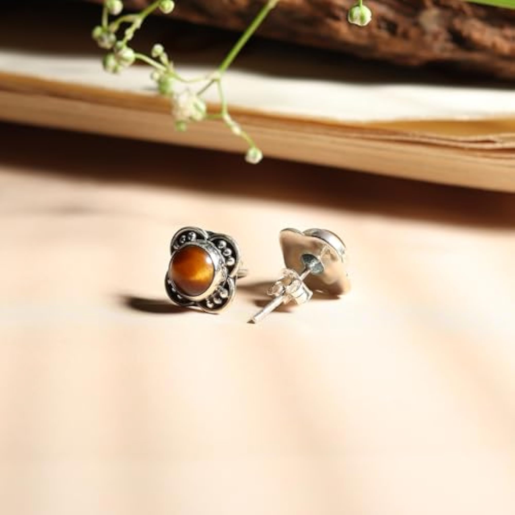 Men's Tiger's Eye Stud Earrings, Natural Gemstone
