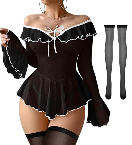 Image of Foxiny Sheer Ruffle Long Sleeve Babydoll Lingerie Dress | Off-shoulder neckline, flared cuffs and a flounce hem add movement; thong and thigh-high stockings complete the 3-piece set
