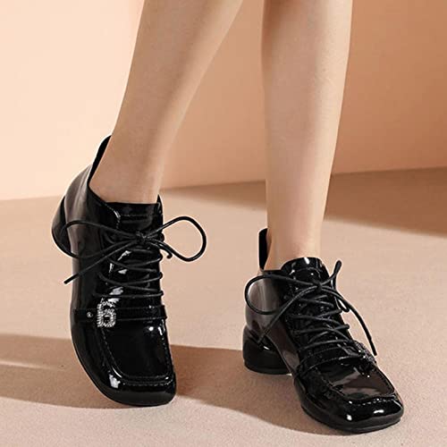 Women's Dress Oxfords Fashion Rhinestones Buckle Chunky Stacked Heels Lace Up Brogues Closed Round Toe Patent Leather Loafers Wingtip Pump Oxfords Dress Saddle Shoes Office Work, 7.5, Black #TOP1