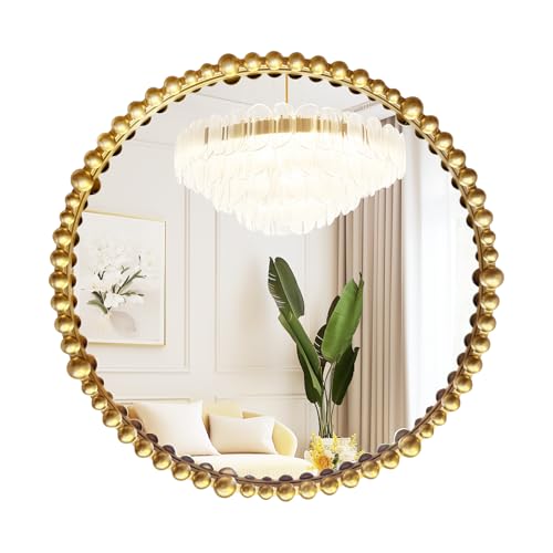 ietat Gold Round Mirror with Beaded Frame ，Circle Antique Bathroom