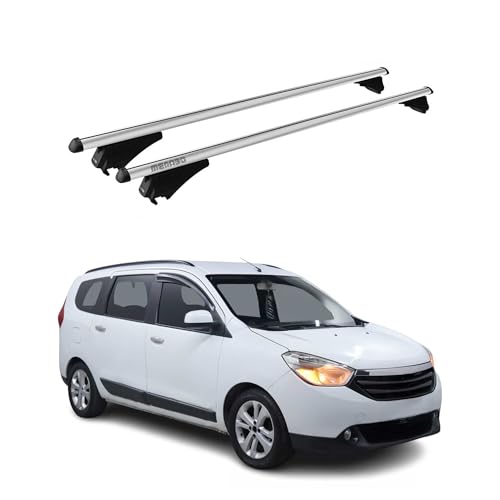 Menabo - Portabicicletas transversal compatible con Daica Lodgy 2012-2022 | TÜV, portaequipajes de techo, portaequipajes de techo, portaequipajes de aluminio, 2 piezas, color plateado